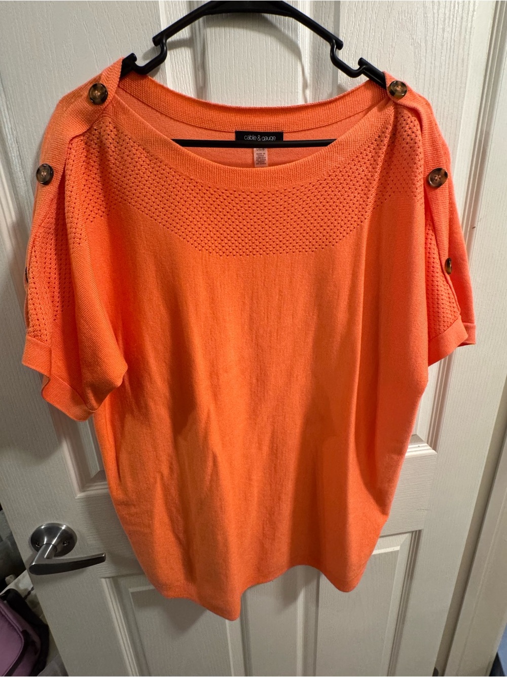 Cable & Gauge Bright Orange Short-Sleeve Knit Top with Button-Shoulder Detail